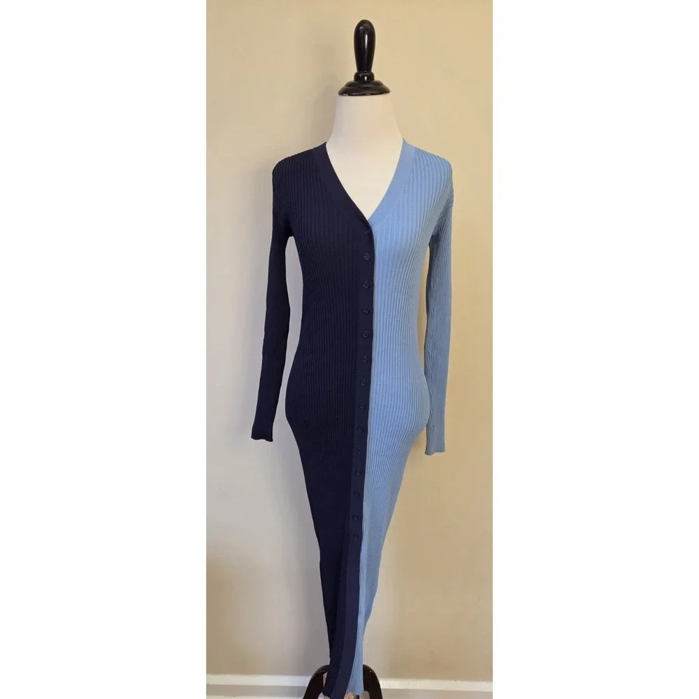STAUD Shoko Navy Lt Blue Colorblock Ribbed Knit Buttondown Midi Sweater Dress S - Picture 2 of 12